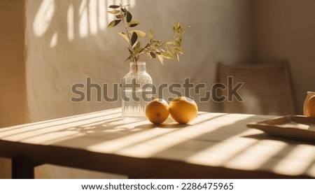 Modern interior lifestyle Mediterranean in summer scene, plant with fruit on table with light and shadow in dining room Foto stock © 