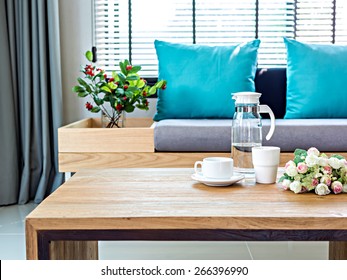 Modern interior of Living room with coffee table and sofa background - Shutterstock ID 266396990