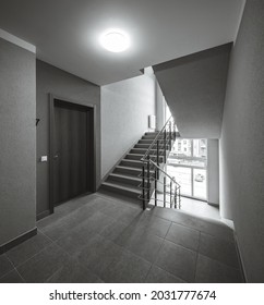 Modern Interior Of New Entrance In Residential Building. Wooden Door To Apartment. Stairs And Windows. Black And White.