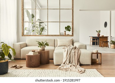 Modern Interior Of Open Space With Design Modular Sofa, Furniture, Wooden Coffee Tables, Plaid, Pillows, Tropical Plants And Elegant Personal Accessories In Stylish Home Decor. Neutral Living Room.