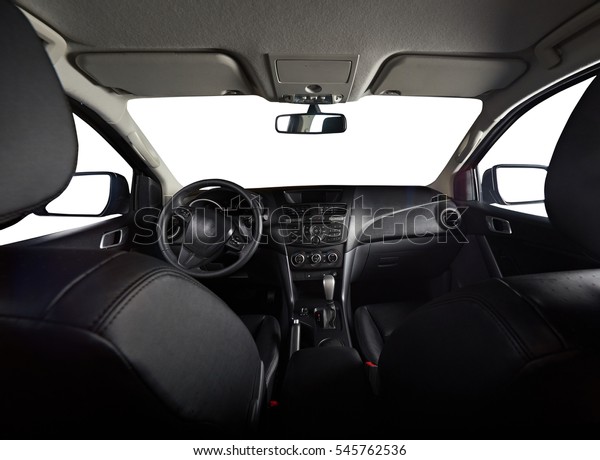 Modern interior of pickup truck with isolated\
windows and leather\
seats
