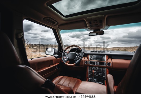 Modern\
interior of premium car with leather\
seats