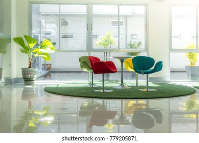 Modern interior reception room in the office with nice furniture and trees, reflection can be seen. Window is a bit dirty.
