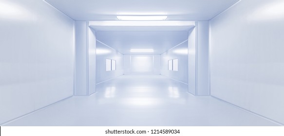 Modern Interior Science Laboratory Or Factory Walkway Background With Fluorescent Lighting In Monotone