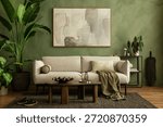 Modern interior with soft neutral sofa, organic shapes, textured rug, and warm green wall backdrop.