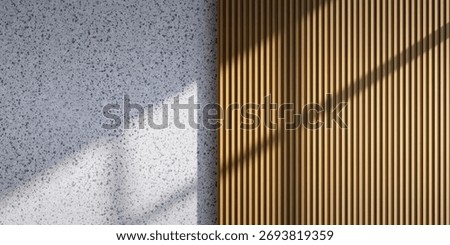 Modern Interior Wall Textures Background, Natural Terrazzo and Vertical Wood Slats with Sunlight Shadows for Minimalist Decor, Architectural Renderings, and Product Display Mockups. 3d render
