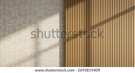Modern Interior Wall Textures Background, Subtle Beige Square Tiles and Vertical Wood Slats with Sunlight Shadows for Minimalist Decor, Architectural Renderings, Product Display Mockups, 3d render