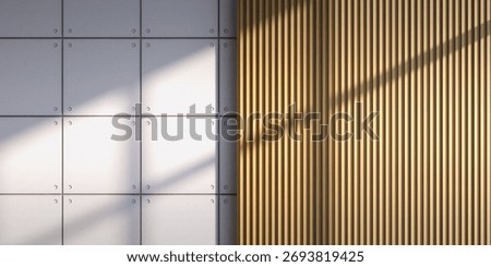 Modern Interior Wall Textures Background, Industrial Concrete Panels with Bolts and Vertical Wood Slats with Sunlight Shadows for Minimalist Decor, Architectural Renderings and Product Display Mockups