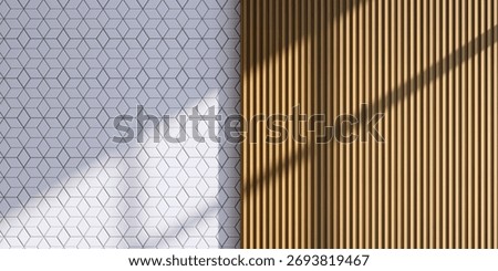 Modern Interior Wall Textures Background, Industrial Concrete Panels with Bolts and Vertical Wood Slats with Sunlight Shadows for Minimalist Decor, Architectural Renderings, Product Display Mockups
