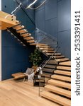 Modern interior with wooden floating staircase, glass railing, blue accent wall, and a cozy seating area with a plant.