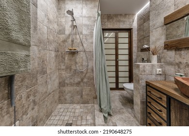 Modern Japandi Bathroom Interior Design In Earth Tones, Natural Textures With Wooden Solid Oak Furniture And Sliding Japanese Wood Doors. Japandi Concept