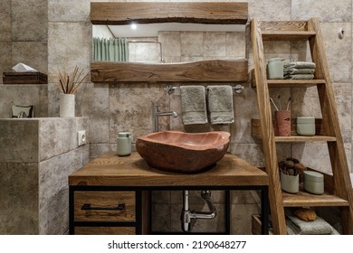 Modern Japandi bathroom interior design in earth tones, natural textures with wooden solid oak furniture and sliding Japanese wood doors. Japandi concept - Shutterstock ID 2190648277