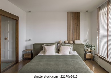Modern Japandi bedroom interior design in earth tones, natural textures with wooden solid oak furniture. Japandi concept - Powered by Shutterstock