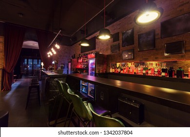 Modern Jazz Bar Interior Design, Lamps Above Bar Counter