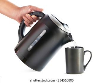 Modern Kettle Pouring Water Into A Cup On A White Background