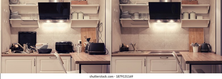 Modern kitchen before and after cleaning and washing up dirty dishes. Clean and cluttered kitchen with a breakfast bar - Shutterstock ID 1879131169