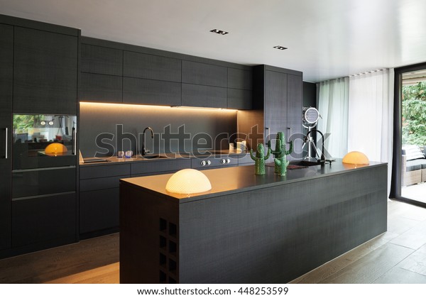 Modern
kitchen with black furniture and wooden
floor