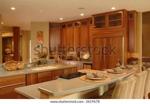 Modern Kitchen Cherry Cabinets Granite Countertops Stock Photo