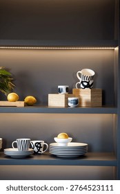 Modern kitchen cupboard with ceramic tableware and fresh lemons