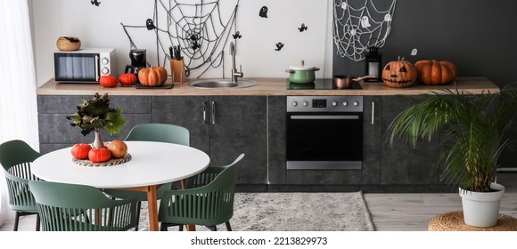 Modern Kitchen Decorated For Halloween Celebration