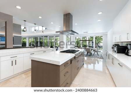 Modern Kitchen Design in Florida, USA. Showcasing modern architectural design, development, kitchen, counter, wooden floor. Interior desing shoots for kitchen and counters.