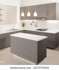 Modern Kitchen Featuring Grey Cabinets with Range Hood, Kitchenware, Wall Mounted Storage Cabinet, and Stylish Grey Kitchen Island with White Countertop, in a Minimalist House with Wooden Flooring.