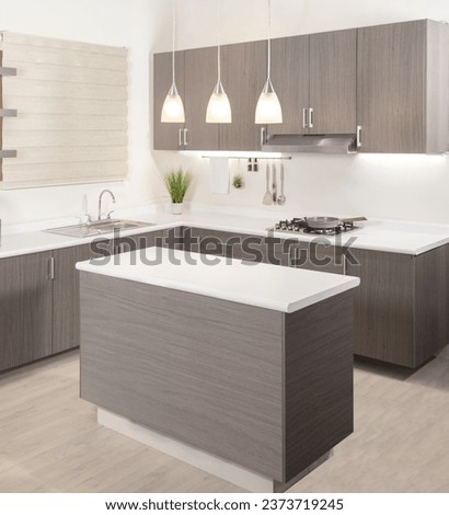 Modern Kitchen Featuring Grey Cabinets with Range Hood, Kitchenware, Wall Mounted Storage Cabinet, and Stylish Grey Kitchen Island with White Countertop, in a Minimalist House with Wooden Flooring.