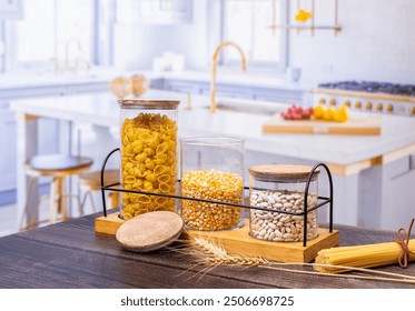 Modern Kitchen with Glass Jars of Pasta, Corn, and Beans - Powered by Shutterstock