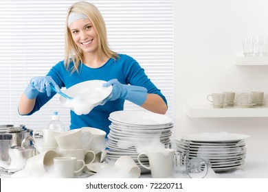 Modern Kitchen - Happy Woman Washing Dishes, Housework