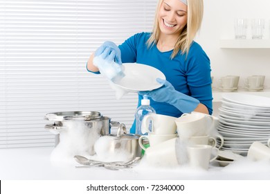 Modern Kitchen - Happy Woman Washing Dishes, Housework