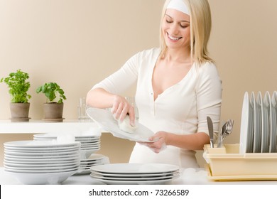 Modern Kitchen - Happy Woman Washing Dishes, Housework