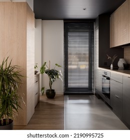 Modern Kitchen Interior With Black Ceiling, Wooden Furniture And Big Window With Black Blinds