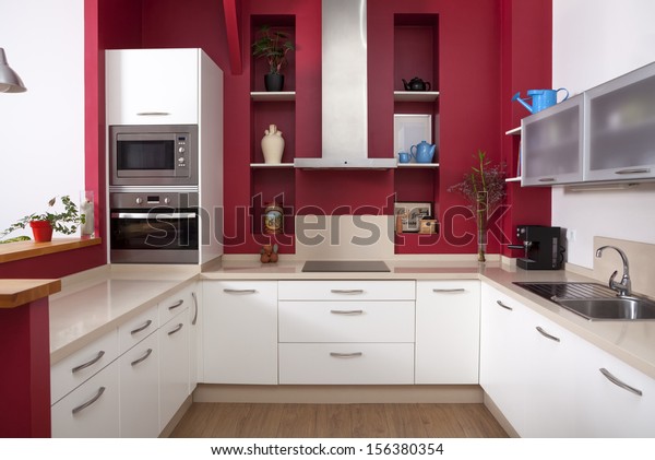 Modern Kitchen Interior Red Walls White Stock Photo Edit