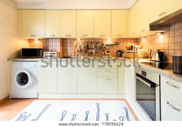 Modern Kitchen Laminate Cupboards Cabinets Washing Stock Photo