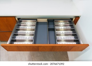 Modern Kitchen, Open Drawers, Set Of Cutlery In Kitchen Drawer. Utensil Divider For Drawers.