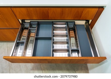 Modern Kitchen, Open Drawers, Set Of Cutlery In Kitchen Drawer. Utensil Divider For Drawers.