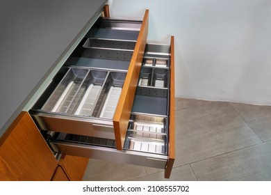 Modern Kitchen, Open Drawers, Set Of Cutlery In Kitchen Drawer. Utensil Divider For Drawers.