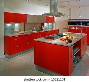 Modern Kitchen With Red Cupboard