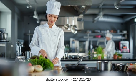 Modern Kitchen Restaurant: Portrait of Asian Female Chef, Crossing Arms and Looking at Camera Smiles. Professional Cooking Delicious and Authentic Food, Cuts Vegetables, Preparing Healthy Meal - Powered by Shutterstock