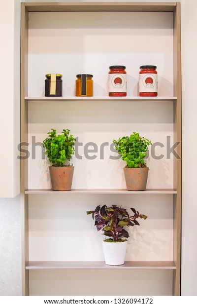 Modern Kitchen Shelf Arrangement Natural Decoration Stock Photo