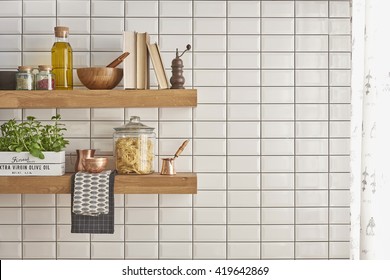 Modern Kitchen Shelf With White Tiles Wall Concept