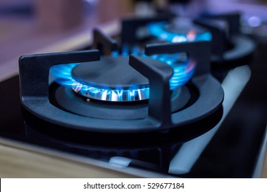 Modern kitchen stove cook with blue flames burning. - Shutterstock ID 529677184