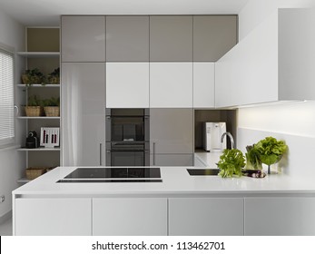 modern kitchen with vgetables on the white worktop