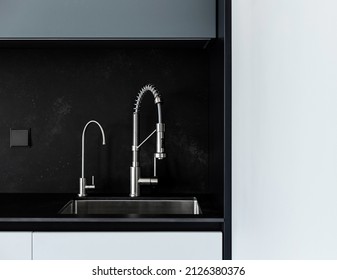 Modern kitchen washbasin with chrome faucet (water mixer) close-up. - Shutterstock ID 2126380376