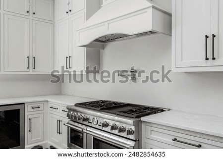 Modern Kitchen With White Cabinets, Marble Countertops And Stove