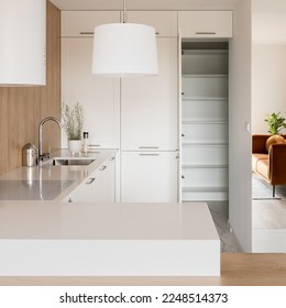 Modern kitchen with white furniture and lamp, mirror wall and open doors to pantry