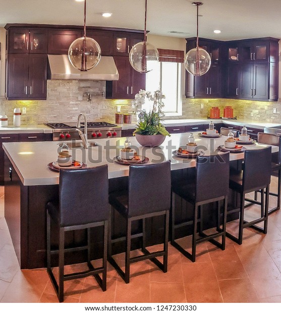 Modern Kitchen White Granite Countertops Dark Stock Photo Edit