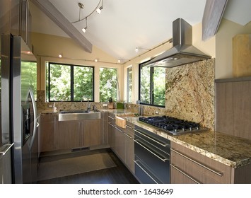 modern kitchen,granite countertops,stainless appliances,track lighting
