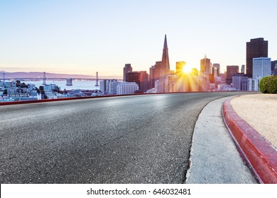 Modern Landmark Buildings In San Francisco From Empty Road