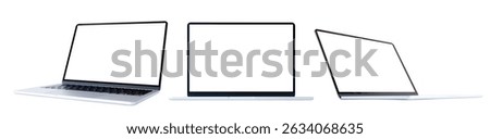 Modern laptop computer in different angles, isolated on white background